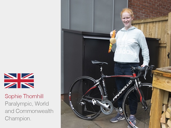 Paralympian Sophie Thornhill with Asgard shed WEB